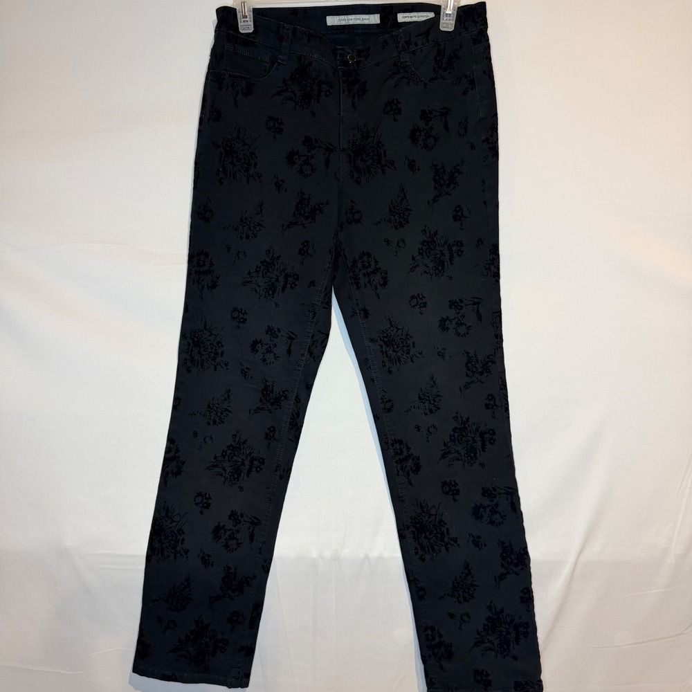 Jones New York Jeans Lexington Straight Leg Floral Flocked Pants Grey Black